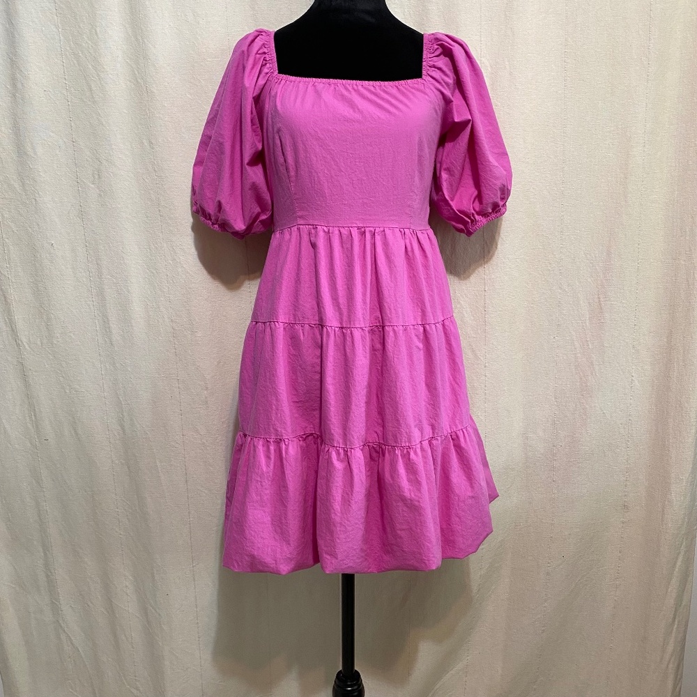 Sim and Sam Puff Sleeve Tiered Dress Bubble Hem– Pink, Square Neck, Size Medium